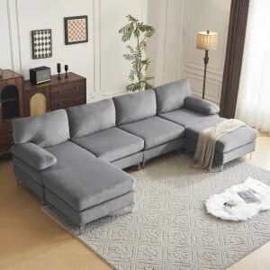 EXP468 Grey Sectional U Shape Sofa Velvet Fabric Grey VS7003