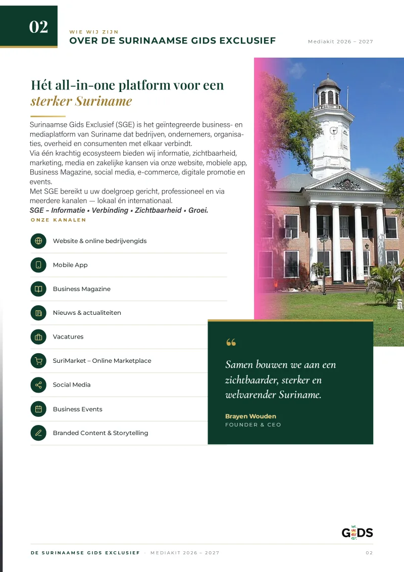 Pagina 2 van Surinaamse Gids Exclusief Media Kit 2026-2027
