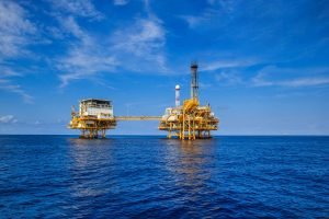 Offshore oil and gas production and exploration business. Production oil and gas plant and main construction platform in the sea. Energy business